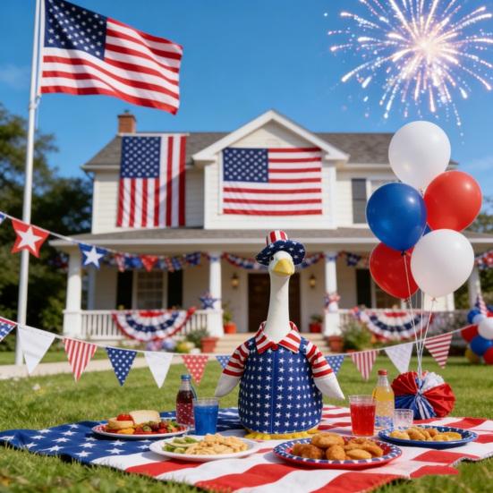 1 Set Independence Day Goose Outfit Outdoor Porch Goose Costumes Patriotic Stars And Stripes Jacket Hat Set for 23 Inch