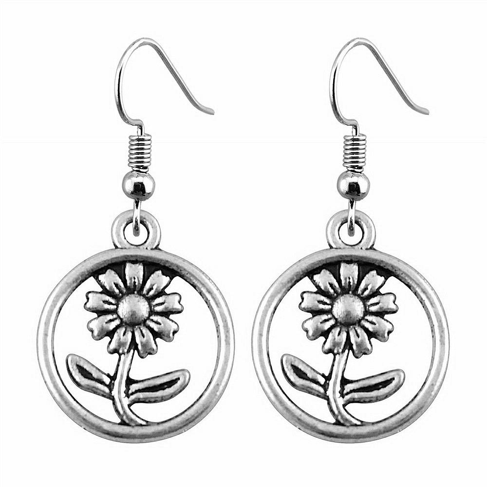 Circle Frame Flowers Dangle Earrings Romantic Floral Female Drop Jewelry