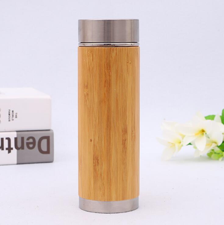 Double Wall Bamboo Insulated Thermos Vacuum Flask Coffee Mug Stainless Steel 15oz Bamboo Flask Tea Mug