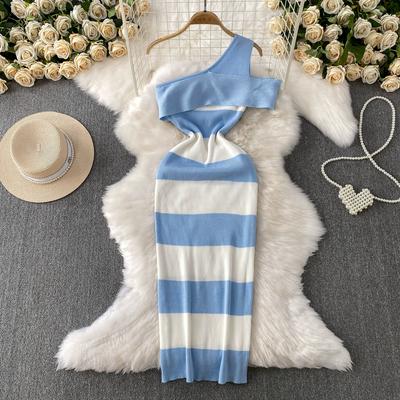 Summer Women Sexy One Shoulder Striped Knitted Office Work Sweater Sheath Dresses