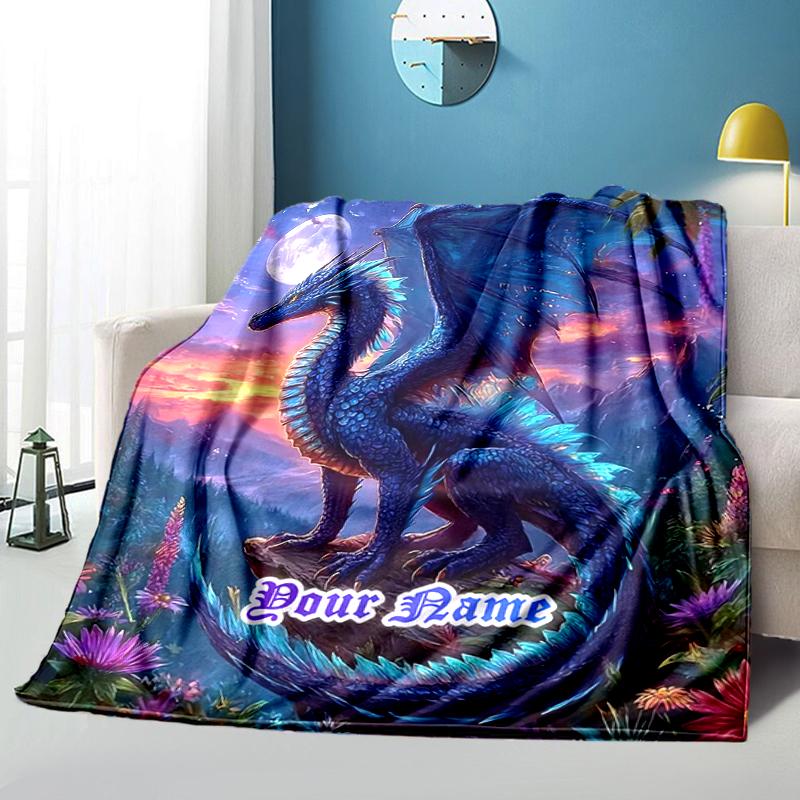 1PC Custom Name Blue Dragon Fantasy Art flannel blanket versatile, all-season throw suitable for the living room, bedroom, camping, travel, and gift