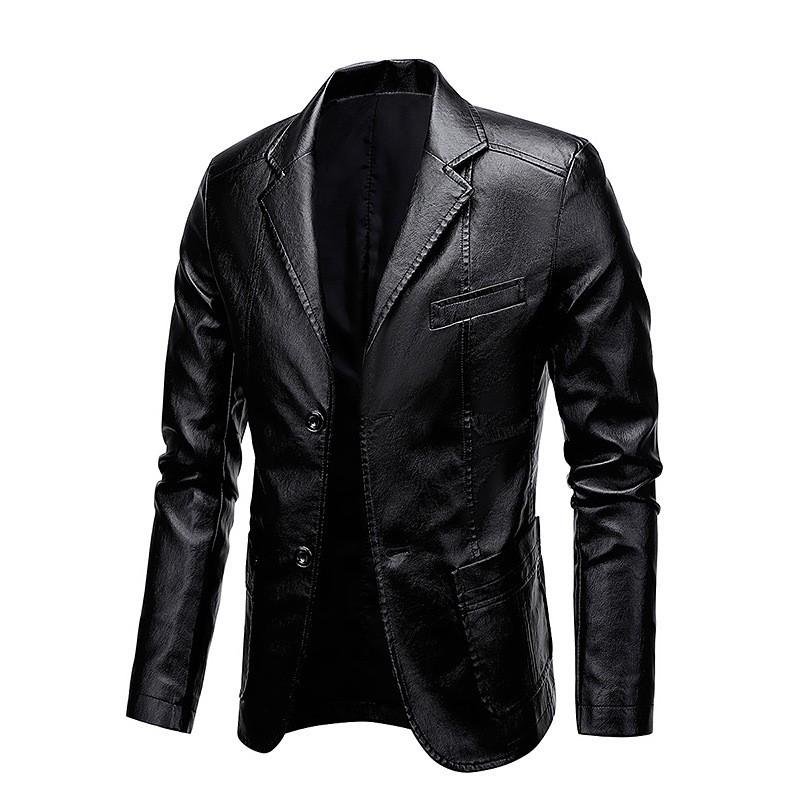 Mens PU Leather Jacket With Notched Lapel Casual Slim Fit Blazer Style Outerwear
