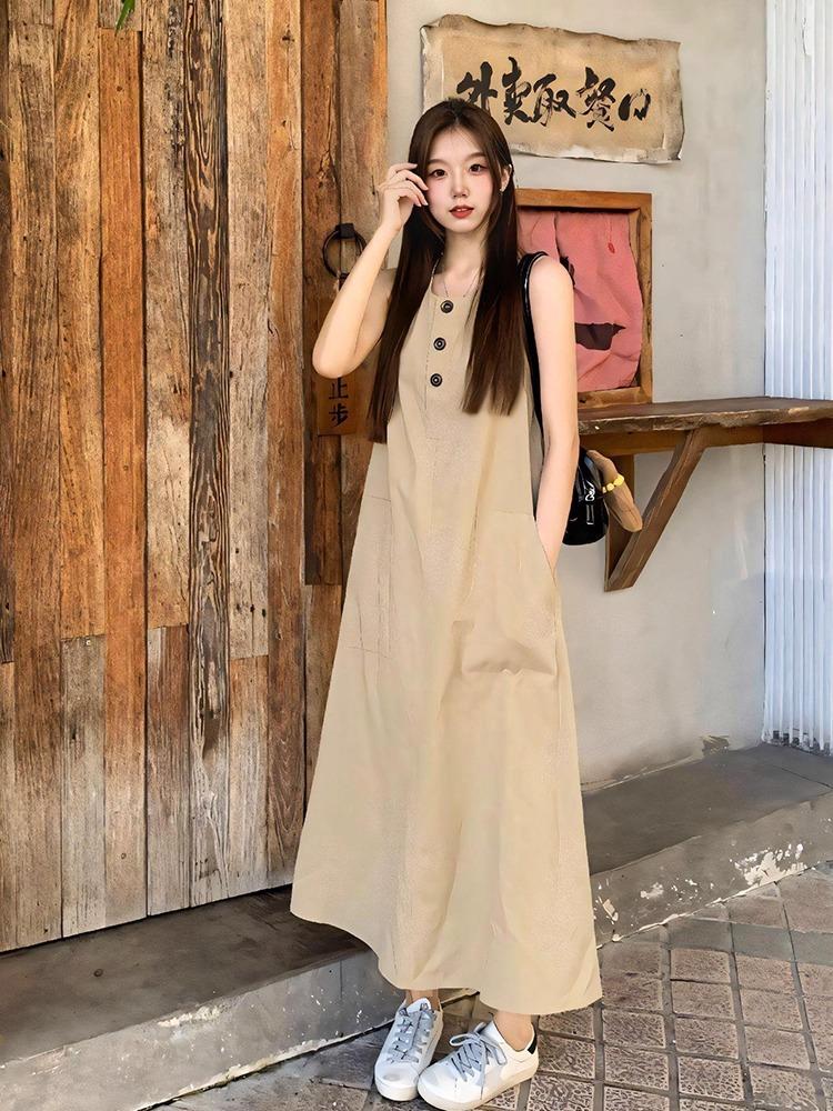 

French temperament college small fragrant heart dress women s summer new small waist sleeveless long skirt S хаки