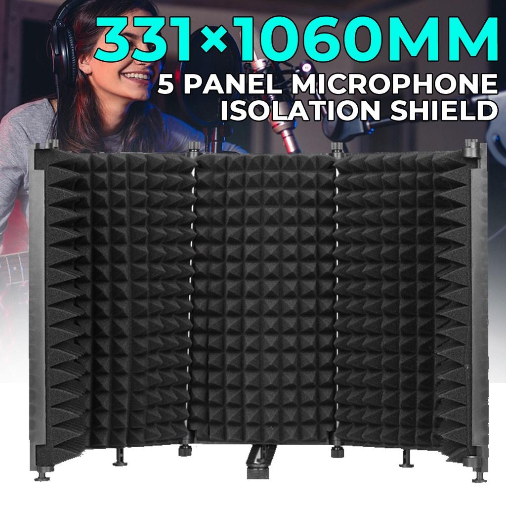 5 Panels Foldable Studio Microphone Isolation Shield Acoustic Foam Sound Absorbing For Recording Live Black 331x1060mm