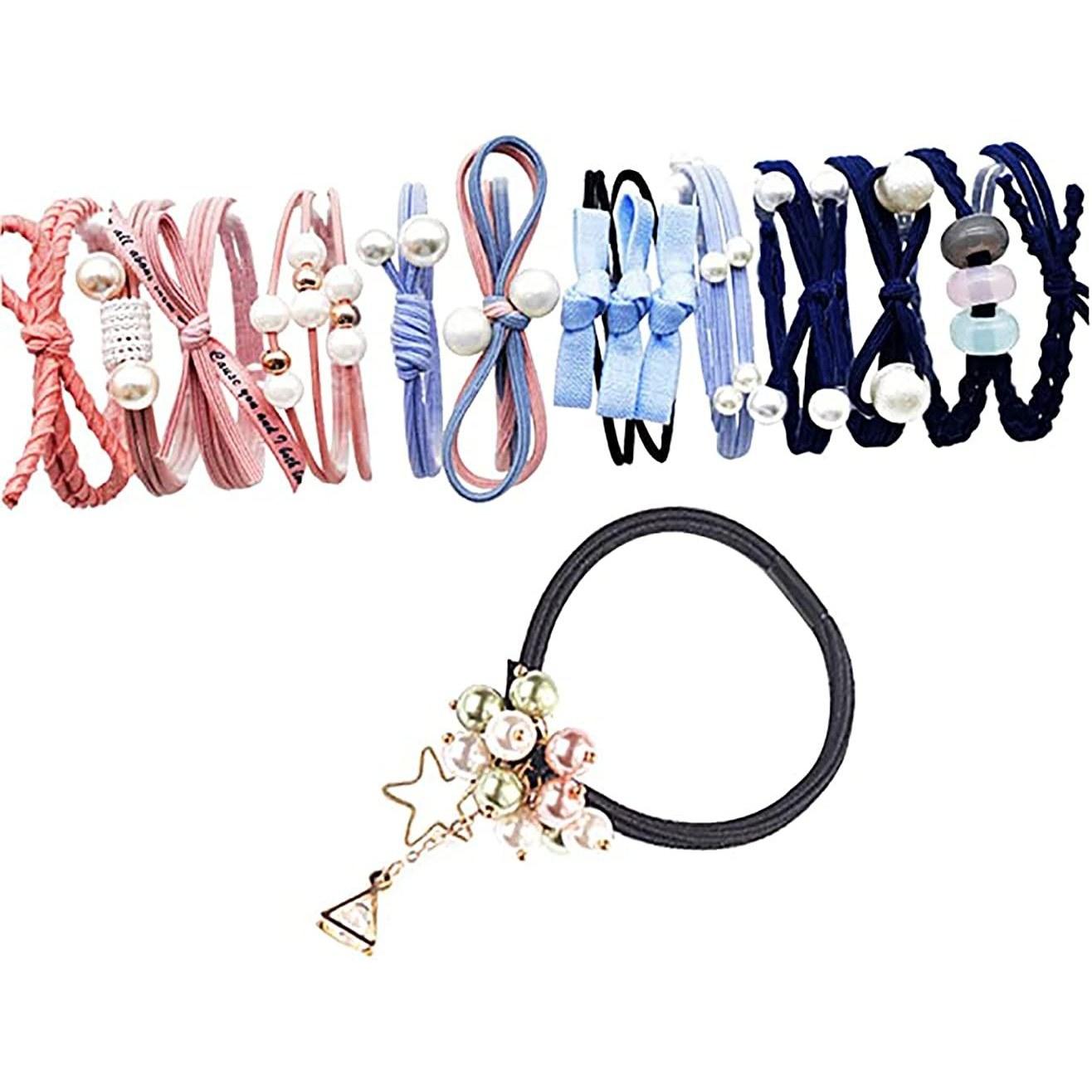 Hair ties stylish 13-piece set women accessories holder ladies ring rubber simple cute pearl band (pink light blue black)