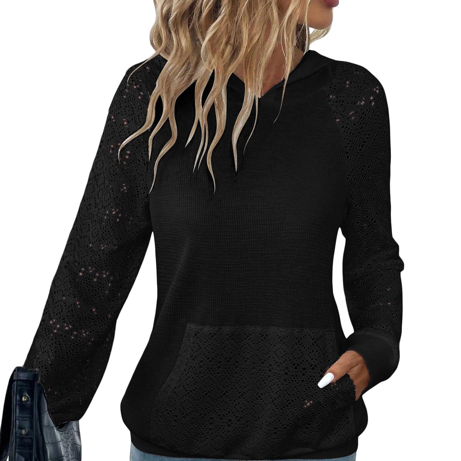 

Женский однотонный пуловер с длинным рукавом, капюшоном и кружевной отделкой с вырезами S чёрный