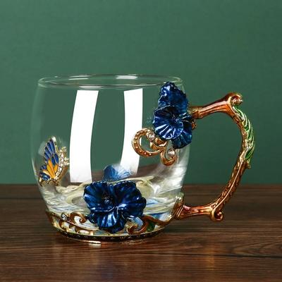 1 Stück Teetasse aus Emaille-Kristall mit Blumenmotiv, hitzebeständig, Kaffeetasse, Schmetterlings-Blumen-Wassertasse, klares Glas mit Löffel-Set, Kaffeetasse
