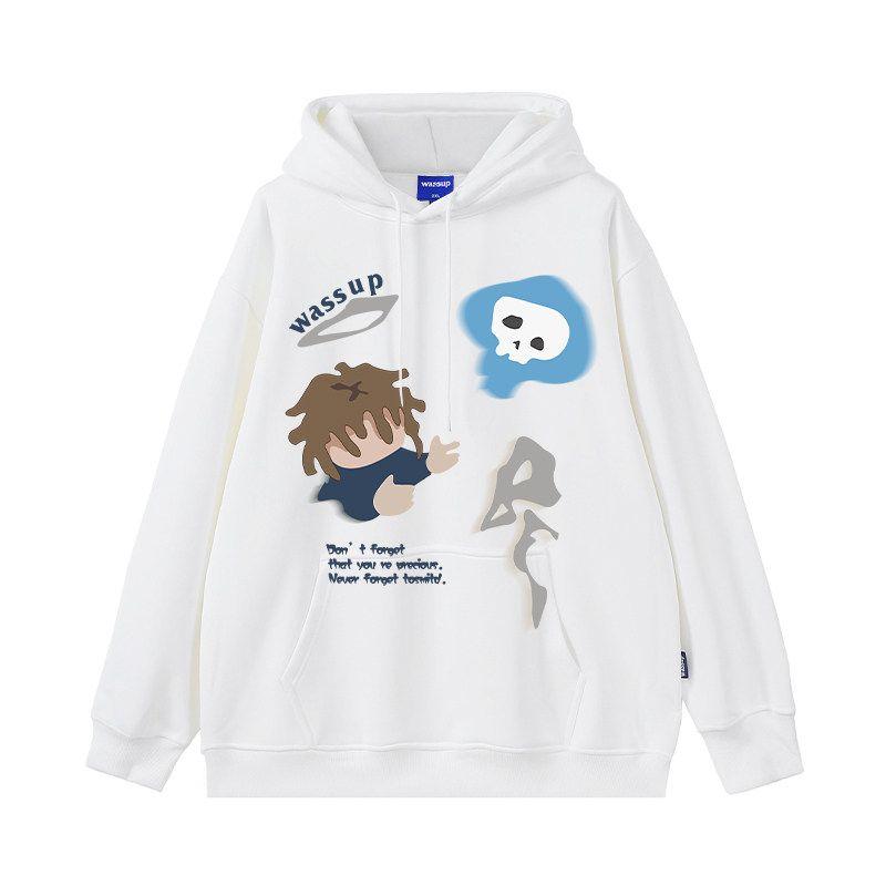 

Wassup Heods Trendy Heavyweight Sweatshirt for Men, Hooded, Autumn and Winter, Fleece-Lined, Casual Couple Pullover Top Jacket White (Fleece-Lined for Extra Warmth) L