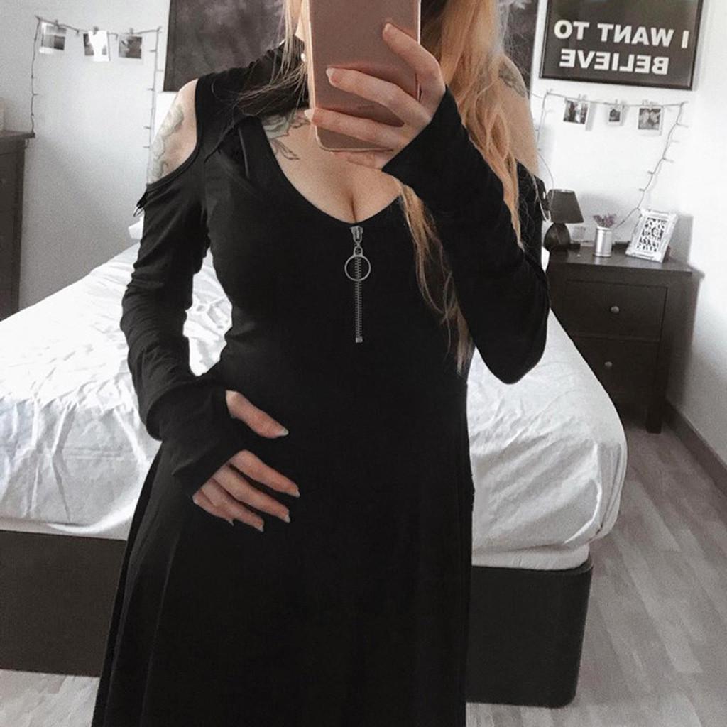 Damenmode Gothic-Farbe mit Kapuze, tief geschnitten, kalte Schulter, Reißverschlusskleid