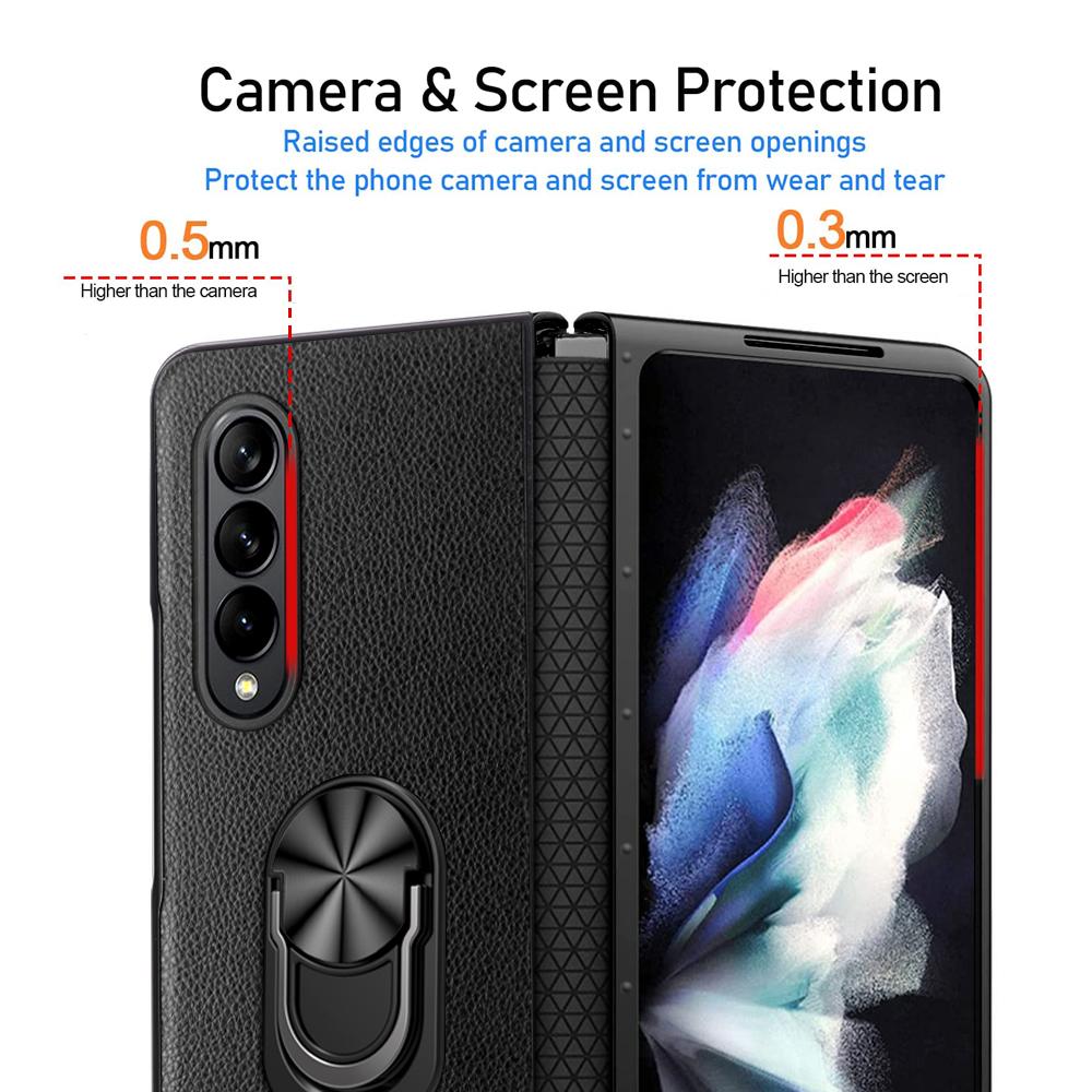 Luxury Leather Ring Holder Hinge Protector Full Protection Phone Cover For Samsung Galaxy Z Fold 4 Case Shockproof Kickstand