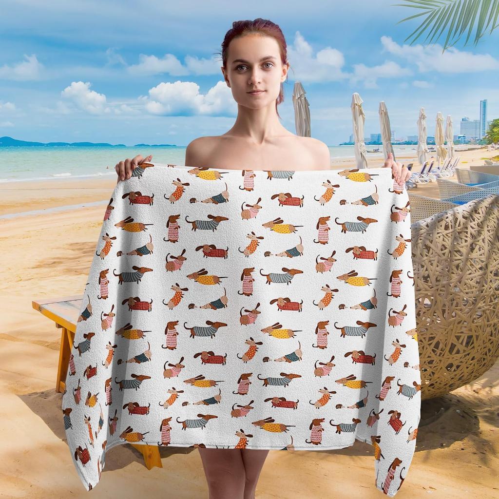 Cute Dog Dachshund Beach Towel Gifts for Women Dog Lovers Owner, Funny Dogs Wiener Microfiber Quick Dry Travel Sand Free Beach Towels Oversized Decor