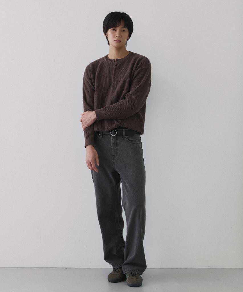 NODU Waffle Henley Neck Knit [Brown]