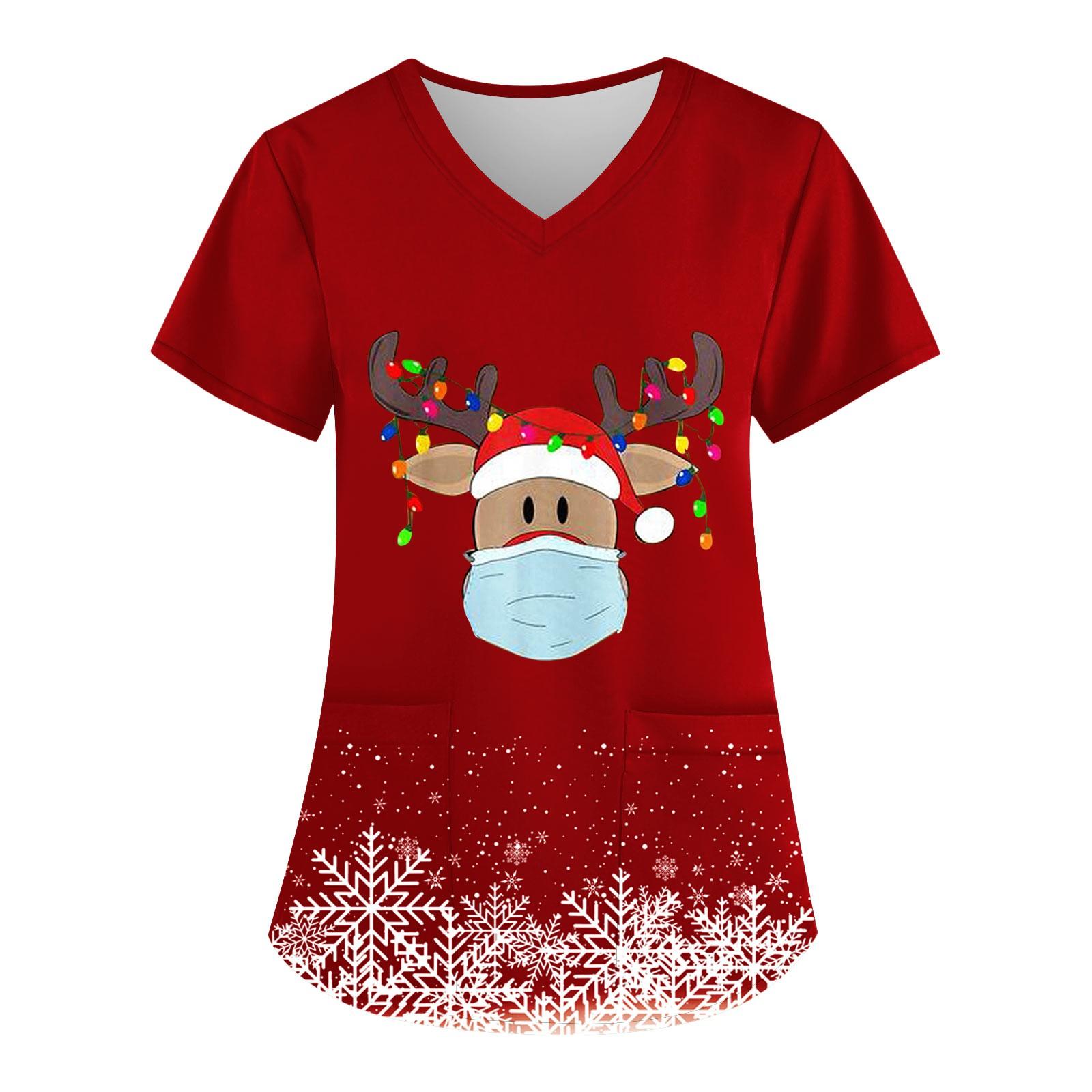 

Жіночий модний робочий одяг з V-подібним вирізом і короткими рукавами з кишенями, різдвяні топи з принтом XXXL винний