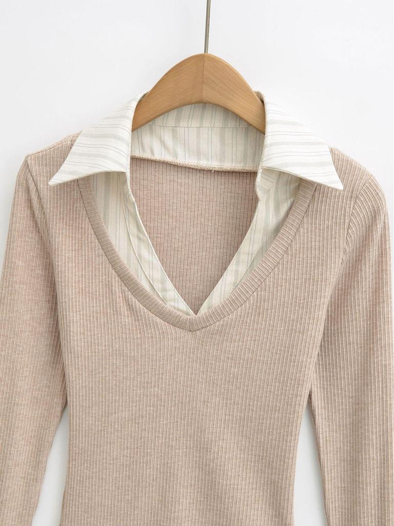 Women's Autumn Striped Patchwork Two-Piece Look Long Sleeve Slim Fit Top