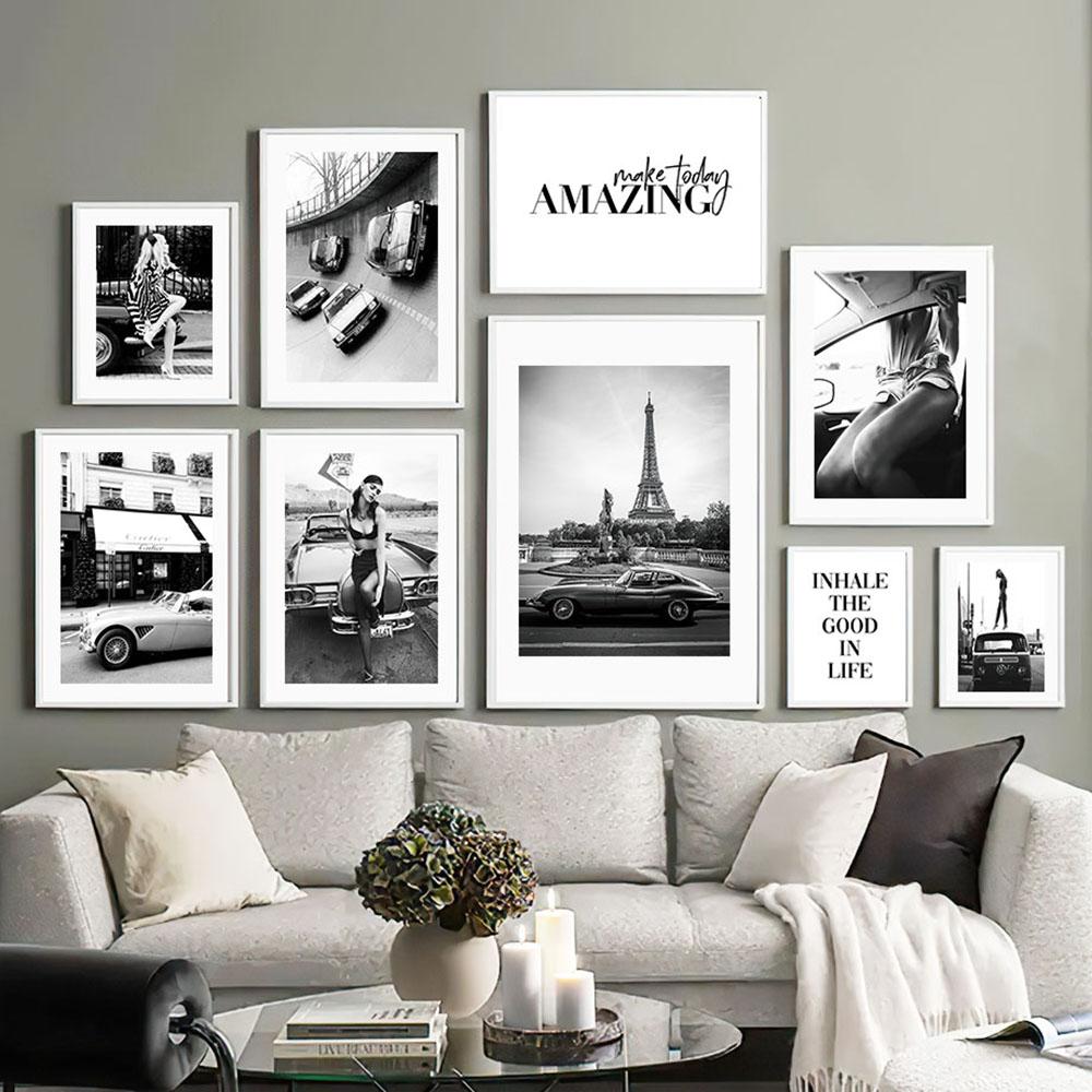 Classic Race Car Fashion Girl Paris Black White Wall Art Canvas Painting Nordic Poster Print Wall Picture Living Room Home Decor