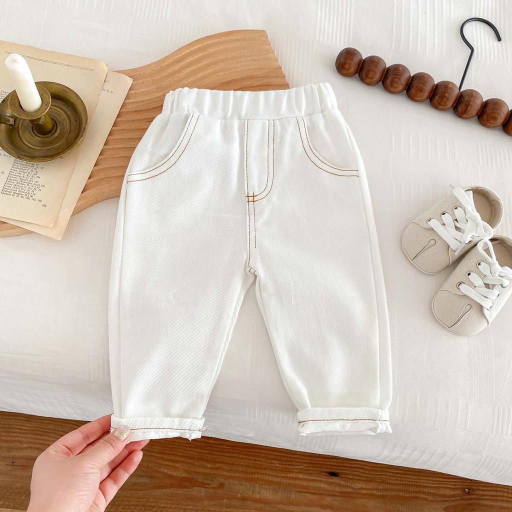 Spring Autumn Fashion Children Solid Jeans Girl Baby Retro Denim Casual Pants Boy Kid Pockets Cotton Trousers Toddler Dungarees