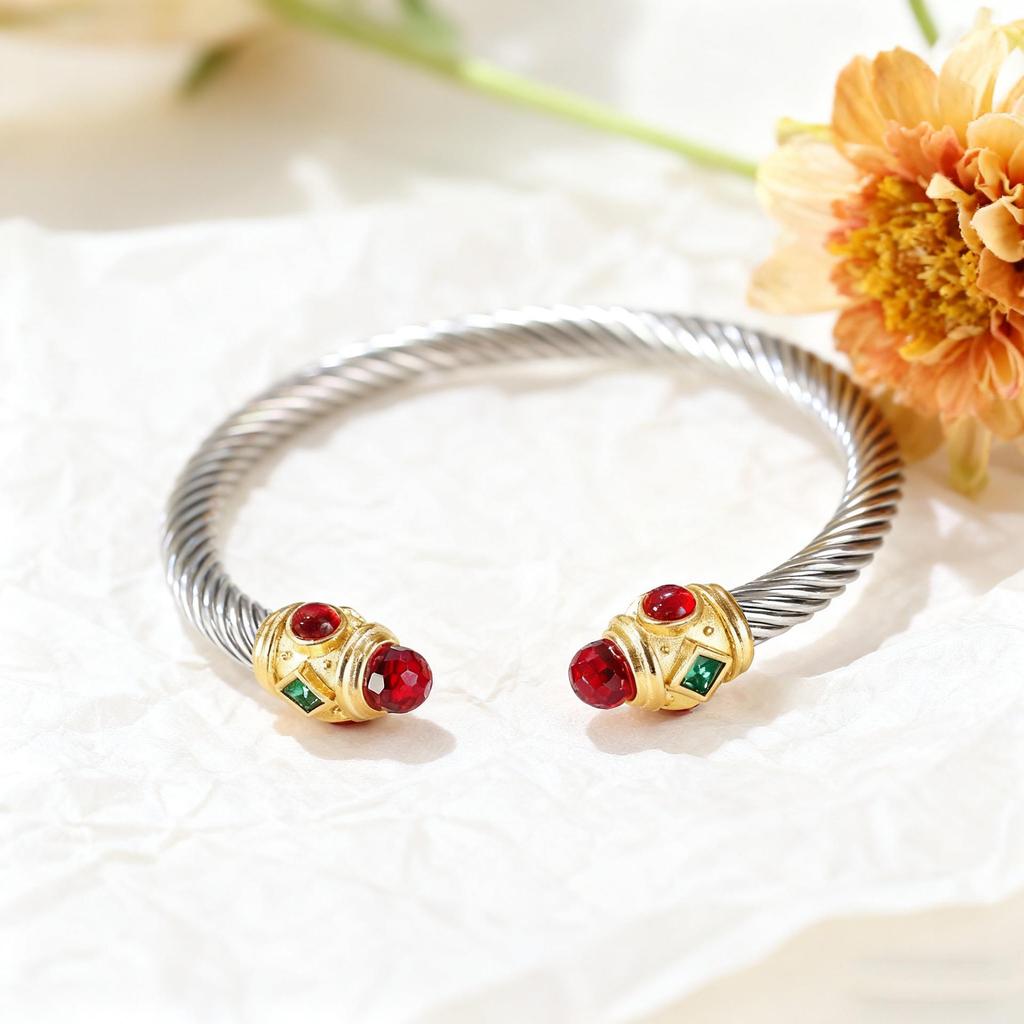 Stylish European-American 18K Gold Stainless Steel Wire Bracelet for Women, Geometric Open Design, Inlaid with Colored Diamonds, Colorfast.