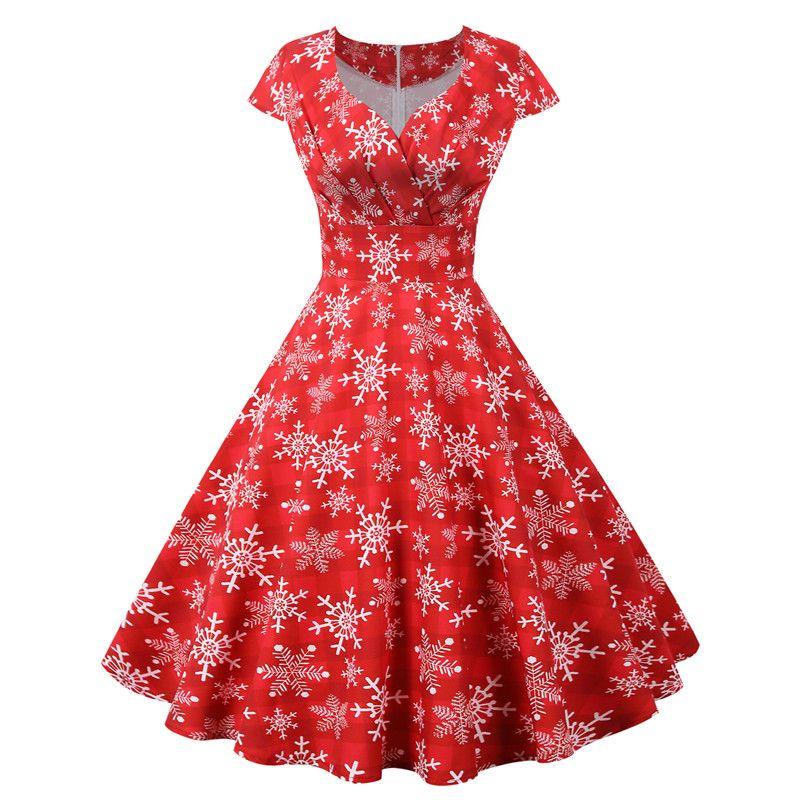 Spring New New Christmas Style V Neck Short Sleeve Print Mid Length Long Length Dress Dress Christmas Dress