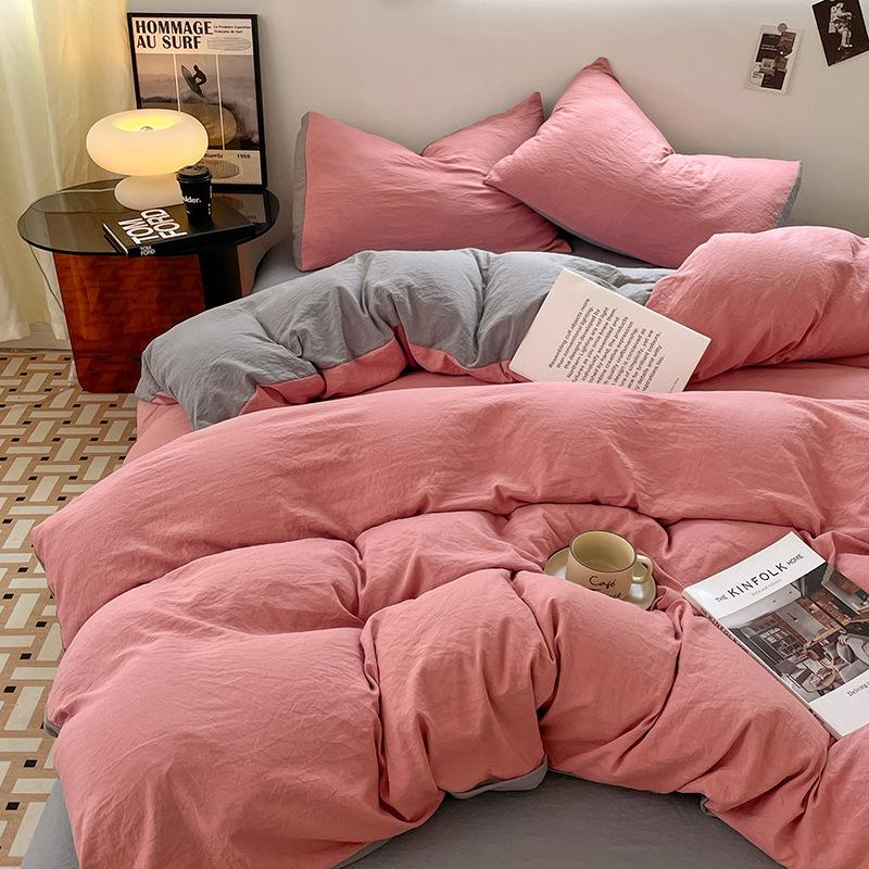 Four-piece Set for Sleeping Naked On Winter Bed, Washed Cotton Sheets, Quilt Cover, Fitted Sheet, Three-piece Set for College Dormitory