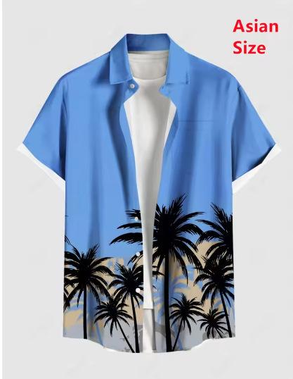 Summer Men's Coconut Tree Shirt Short Sleeve Top Casual Hawaiian Shirt Turning Casual Shirt Button On