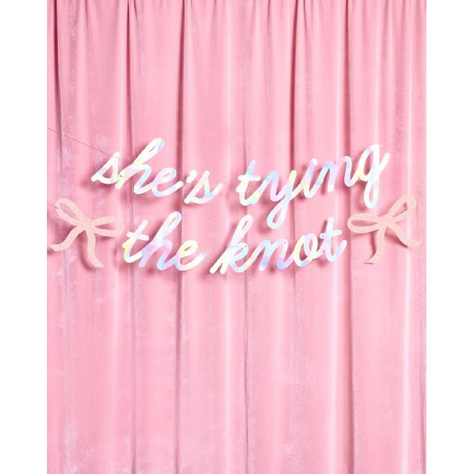 xo, Fetti She's Tying the Knot Banner - Iridescent Foil | 4.5 Ft. | Bow Bachelorette Decorations, Engagement Party Sign, Proposal Background, Bach