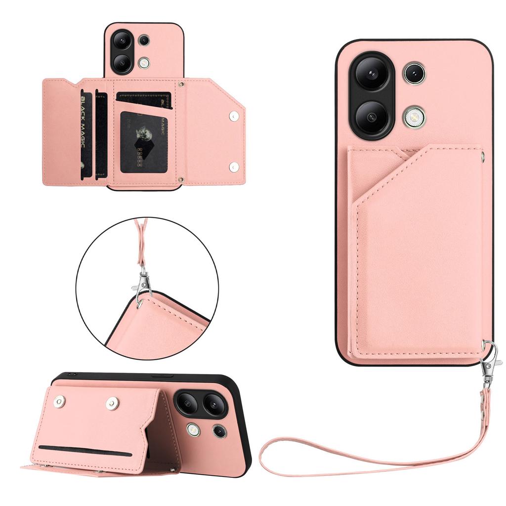 For Xiaomi Redmi Note 13 4G Case Card Holder Kickstand Skin-Touch Phone Cover with Wrist Strap