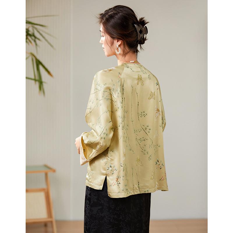 2025 Autumn Women's Heavyweight 32 Momme Silk Jacquard Jacket - New Chinese Style Design, Long Sleeve