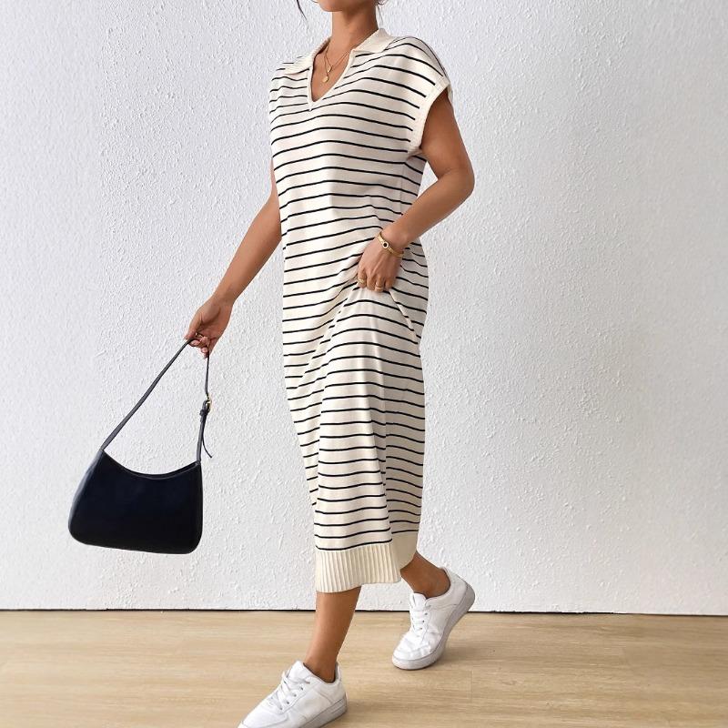 Women's Summer Sexy Knitted Striped V Neck Long Dress
