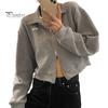 Cardigan Lapel Long Sleeves Zipper Closure Ribbed Women Coat Crop Spring Autumn Thin Solid Color Short Casual