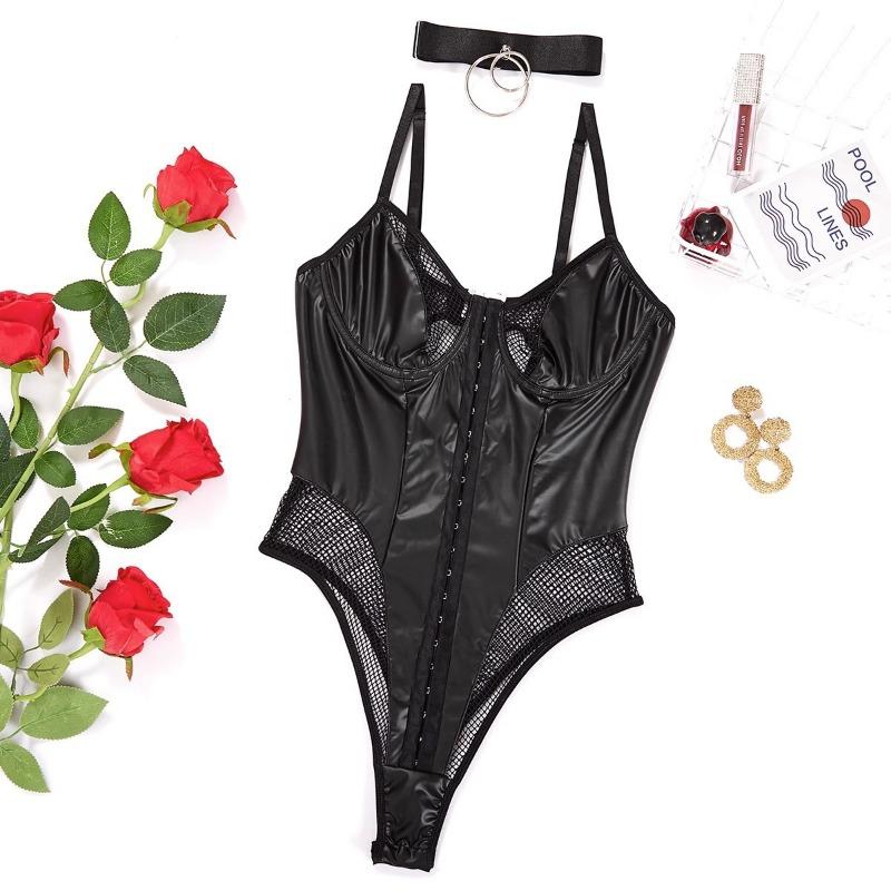 Supply New Sexy Grid Perspective Patent Leather Suspender One-piece Sex Underwear Set