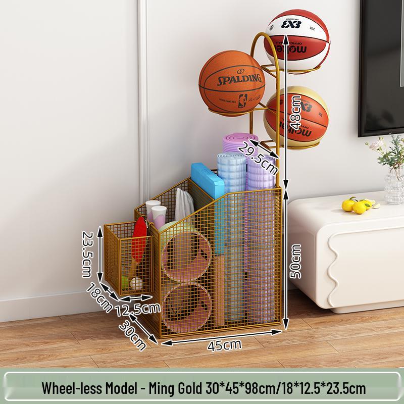 Estante de Chão para Armazenamento de Basquete e Prateleira de Brinquedos para Equipamentos Esportivos e Tapetes de Yoga