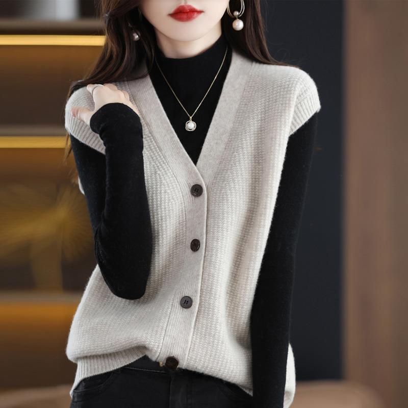 Vestă de pulover cu decolteu în V cu nasturi în față, vestă ocazională tricotată fără mâneci pentru primăvară și toamnă, îmbrăcăminte pentru femei