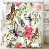 Beautiful Butterfly Flower Waterproof Shower Curtain with Green Leaves Pink Red White Flowers Decorative Home Bath Fabric Black