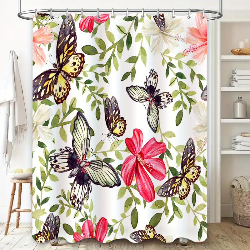 Beautiful Butterfly Flower Waterproof Shower Curtain with Green Leaves Pink Red White Flowers Decorative Home Bath Fabric Black