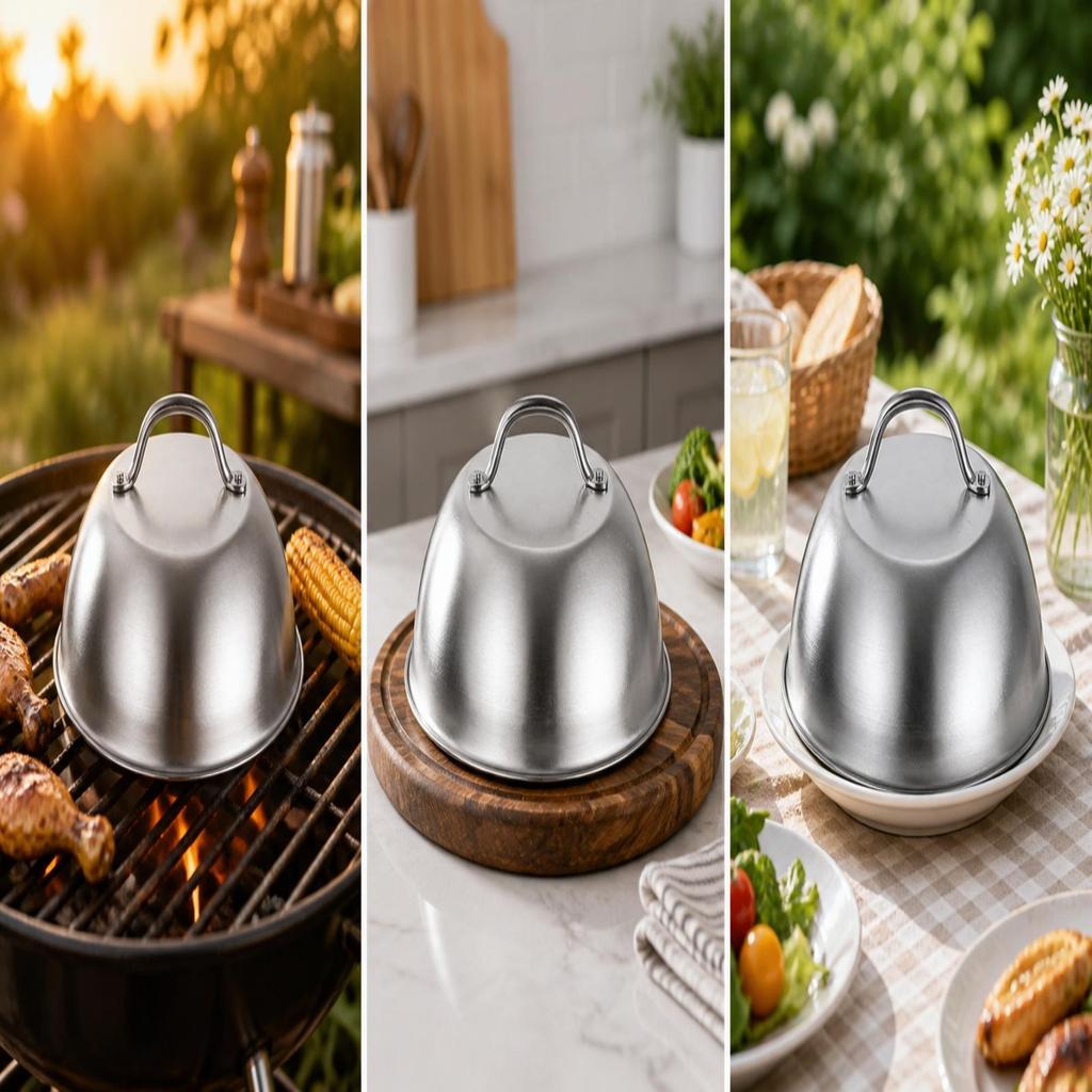 BBQ Dome Cover Stainless Steel Griddle with Handle Brushed Grill Lid for Backyard Cooks,