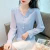 French Jacquard V-neck Shirt Women's Chiffon Long-sleeved Flared Sleeve In Spring and Autumn with Design