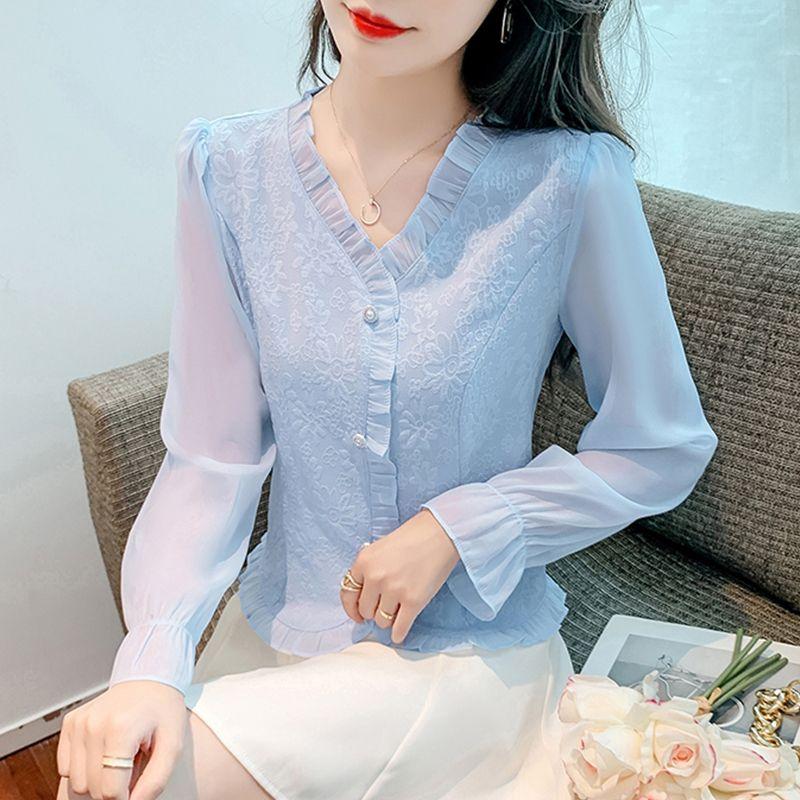 French Jacquard V-neck Shirt Women's Chiffon Long-sleeved Flared Sleeve In Spring and Autumn with Design