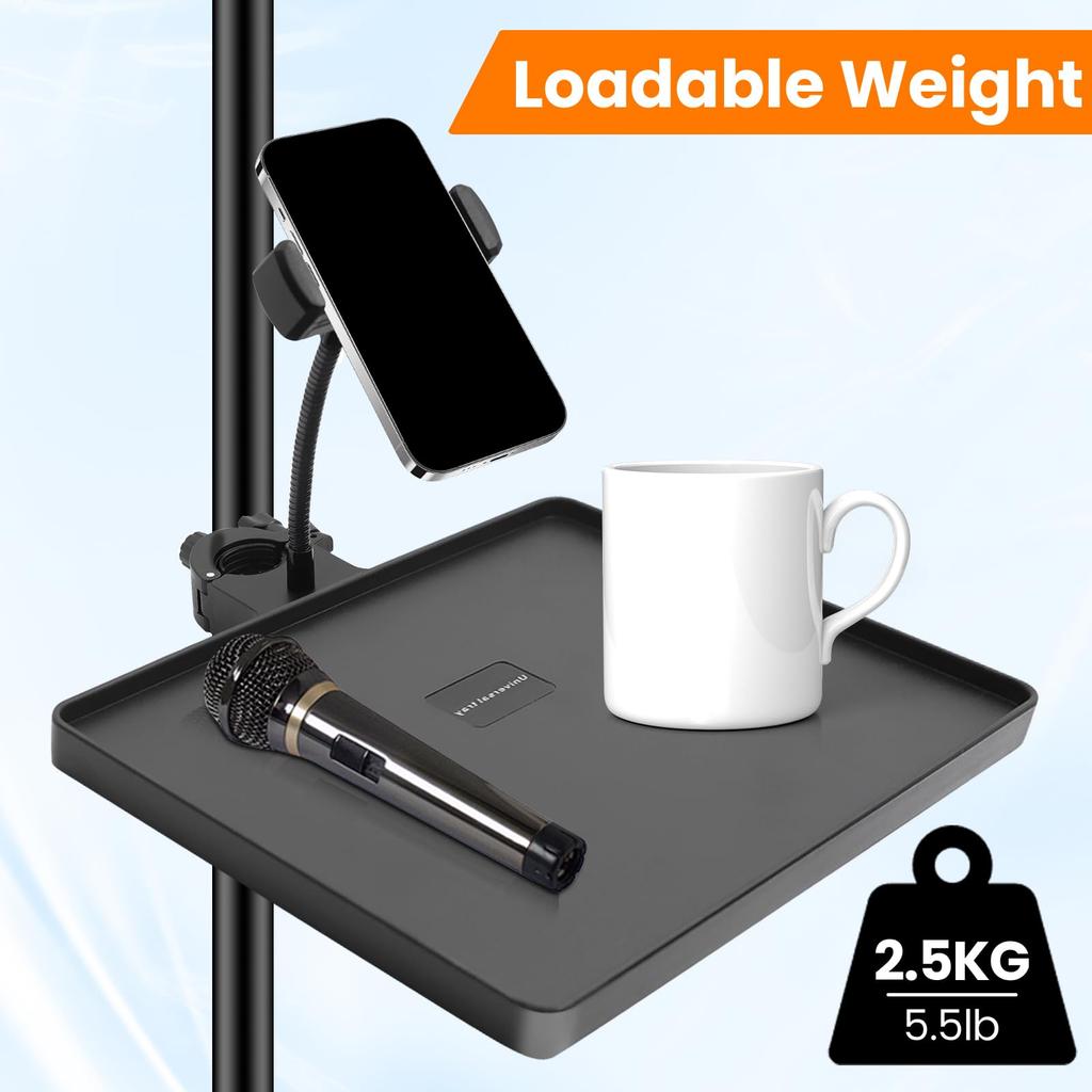 Microphone Stand Tray Adjustable Clip Microphone Stand with Cell Phone Stand Heavy Duty Stand Tray Suitable for Live Karaoke Sheet Podcast Recording