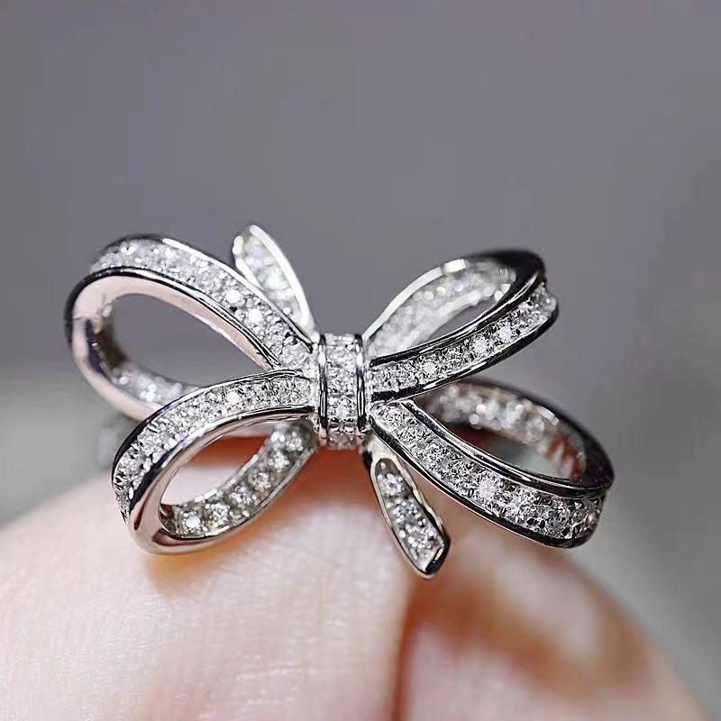 Adjustable Large Bow Ring with Simulated Diamond for Women