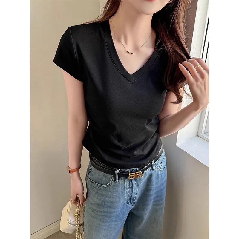 Black Right Shoulder Slim V-neck Short-sleeved T-shirt for Women Summer New Korean Style Pleated Slim Waist Short Top