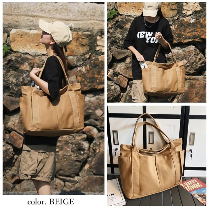 [S.P.Lab] Beige Tote Bag Ladies Men's Canvas Durable Multi Bag Larger Big Tote Bag Mothers Bag Shoulder Bag Handbag Bag Cute Popularity Brand