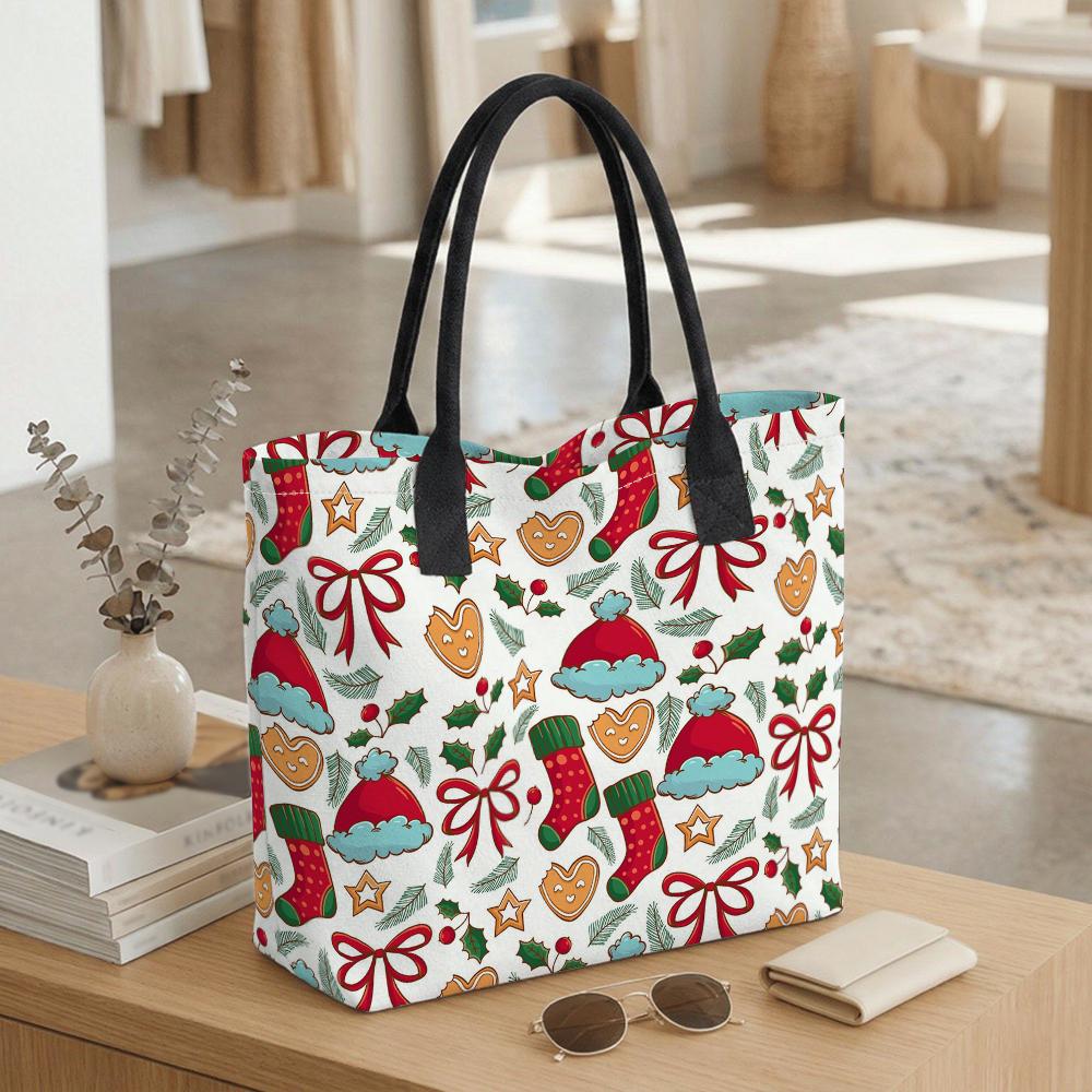 Christmas Pattern Tote Bag Cute Casual Handbag For Holiday Shopping Portable Carryall Purse