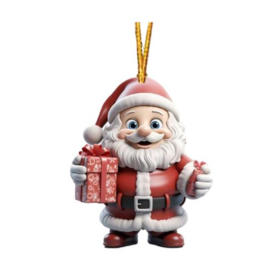 Christmas Ornament Smiling Santa Claus Holding Gift Pendant 3D Effect Acrylic Hanging Pendant Festive Home Decor