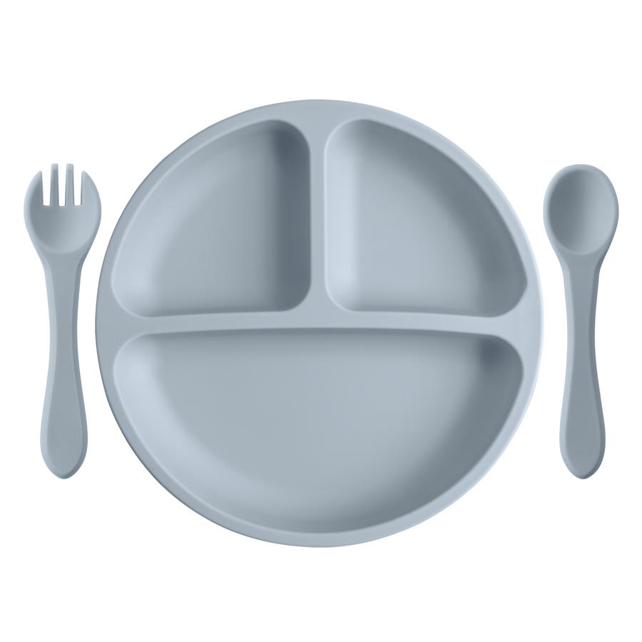 3PCS Baby Silicone Feeding Dishes Plate Children Plate Sucker Feeding Bowl Wood Fork Spoon Set Toddler Training Tableware