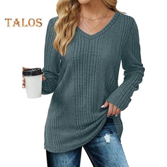 Women Tunic Sweater V-Neck Long Sleeve Solid Color Ribbed Casual Tops Slim Fit Knitted Loose Fit Fall Tops