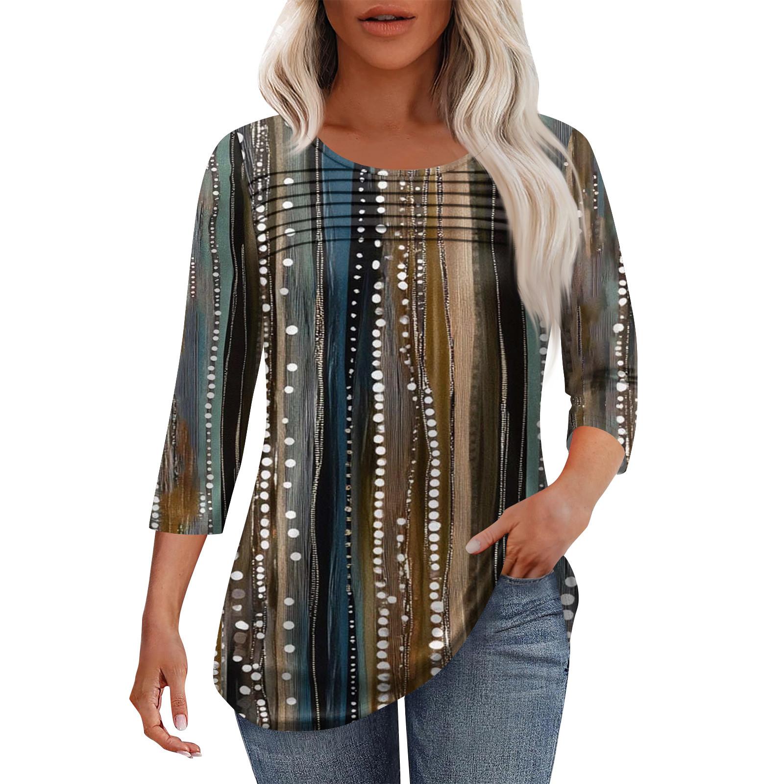 Women s Fashion Round Neck Pleated Front Placket 3/4 Sleeve Top XXXL