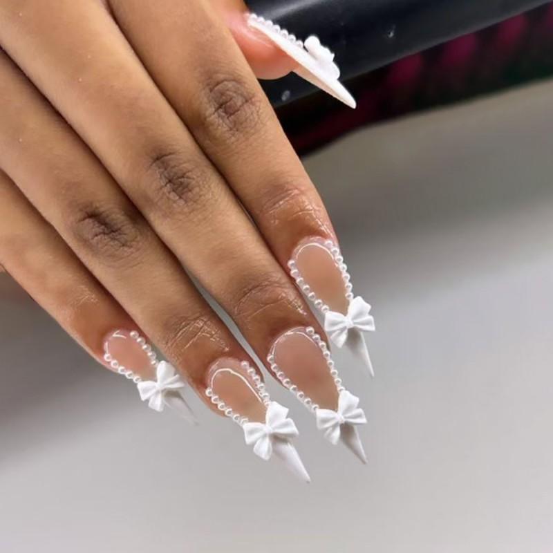 24pcs French White Bow Tip Press-On Nails Women Long Pointed Acrylic Nail Art Sweet Edgy Style Gel Nail