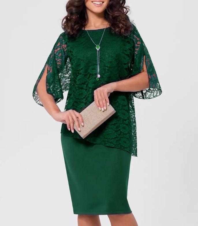 European & American Stylish Lace Two-Piece Illusion Dress with Cape & Slimming Mesh