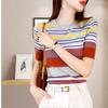 Summer Women's Color Block Striped Knit Top Crew Neck Short Sleeve Slim T-Shirt