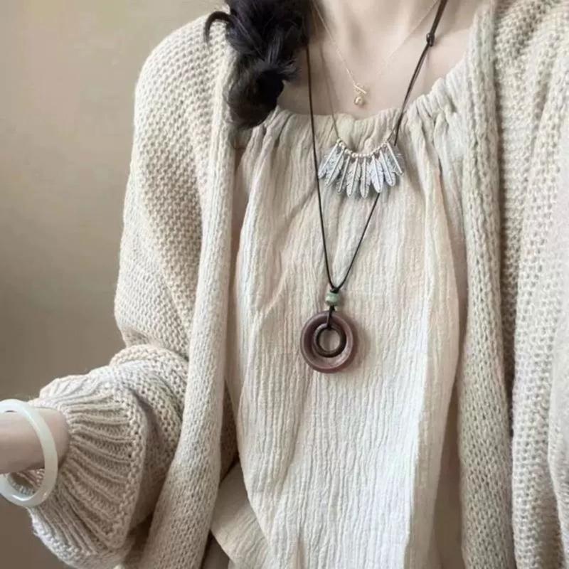 Wood Round Ring Pendant Necklace Adjustable Long Sweater Chain Vintage Handmade Collar Necklace Statement Jewelry